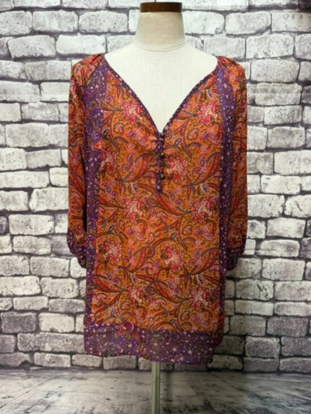 Chaps Orange, Purple & Pink Semi Sheer Blouse Size XL